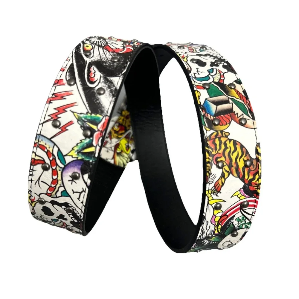 Ed Hardy Men's Skull Tiger Panther Print Belt With Hammered Rivet Studs SZ 42 NW